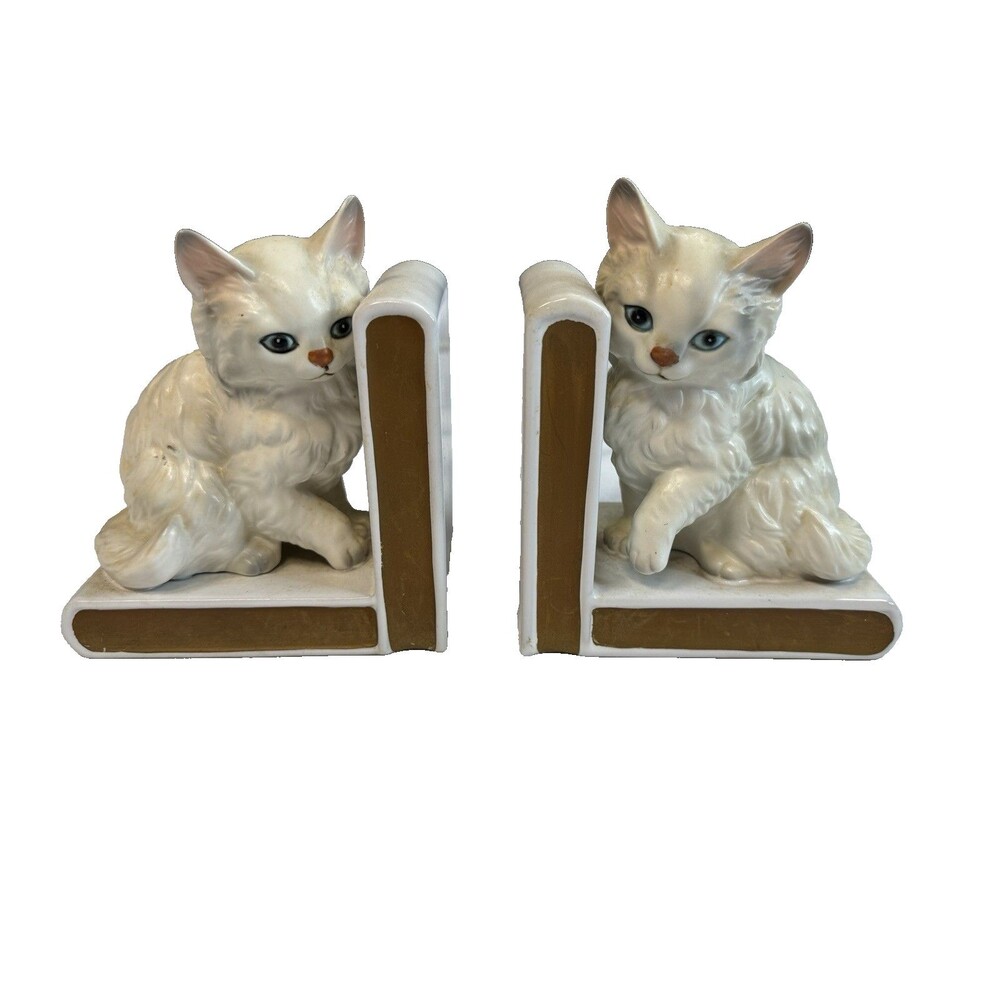Vintage Lefton Japan White Persian Kittens Porcelain Bookends H518 1960's